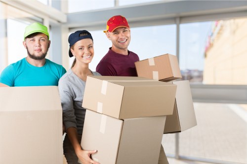 Office desks and boxed files ready for relocation in France