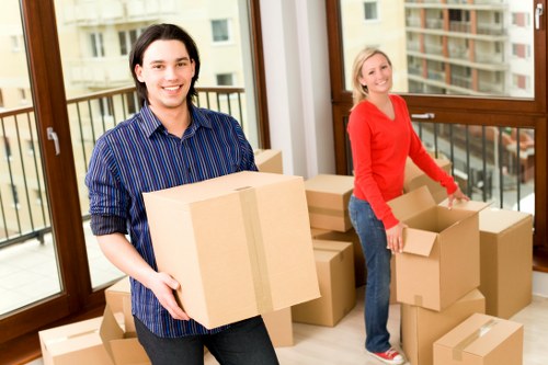 Helper carrying boxes during a residential move in France