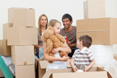Packed moving boxes and furniture ready for transport in France